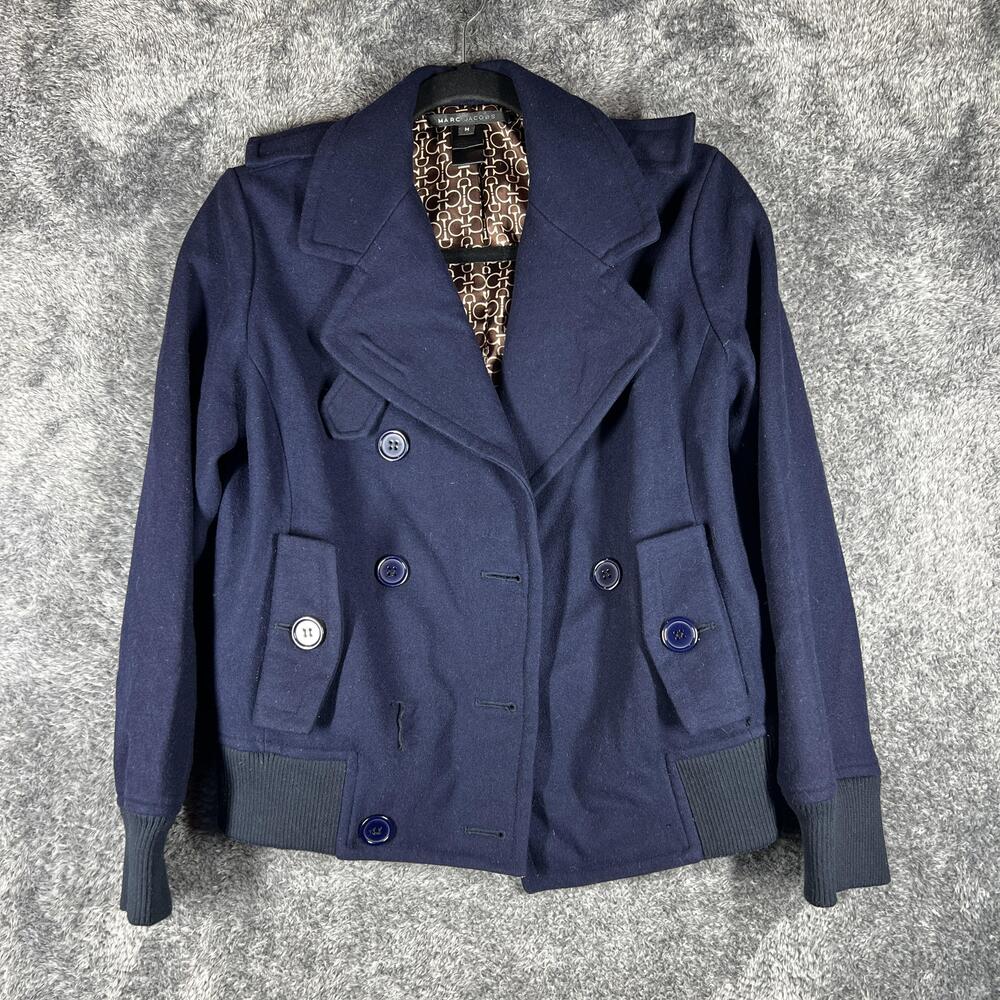 Marc Jacobs Jacket Womens M Blue Pea Coat Wool Lined Pockets Collared Short